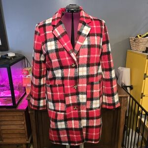 Charlie Paige Women's Plaid Overcoat Red Black White Tan XL Collared Pockets